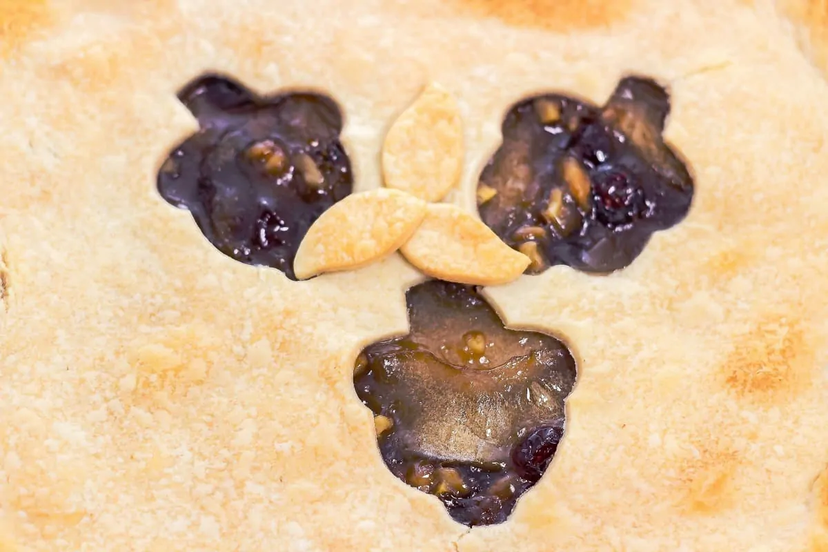 Apple Pomegranate Walnut Pie is a semi-homemade pie Apple Pomegranate Walnut Pieclose up of cutout in dowgh that baked