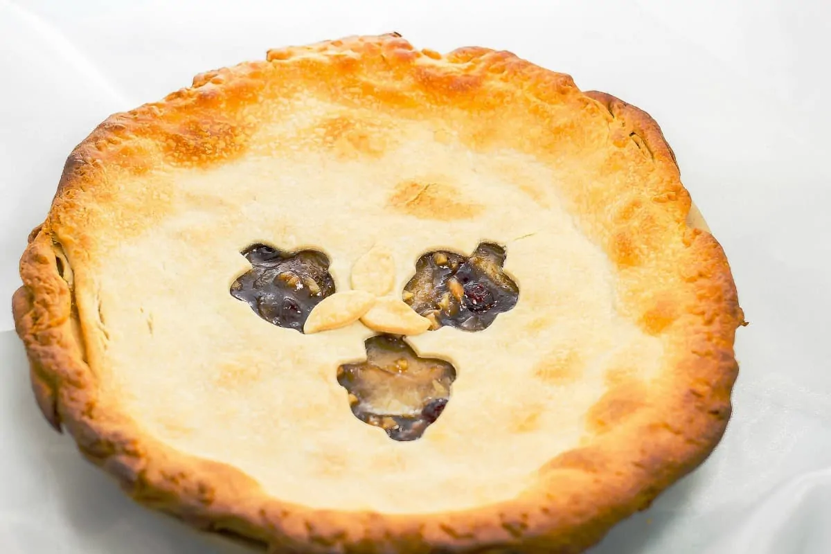 Apple Pomegranate Walnut Pie overhead view of baked pie