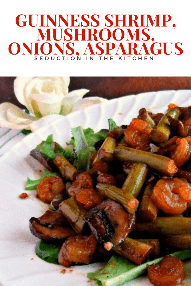 Guinness Shrimp, Mushrooms, Onions, Asparagus is a skillet shrimp recipe that is made with a savory Guinness sauce is what makes this shrimp dish so good. Your taste buds will be in heaven. Guinness Shrimp, Mushrooms, Onions, Asparagus long pin
