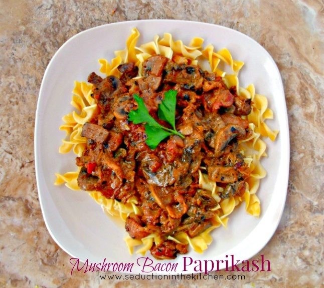 Mushroom Bacon Paprikash overhead with title