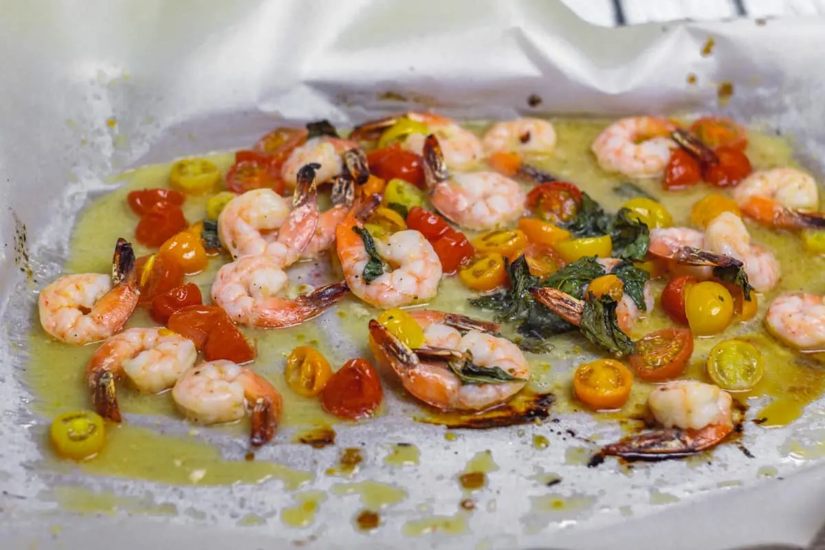 Sheet Pan Shrimp Bruschetta Wide shot on parchment