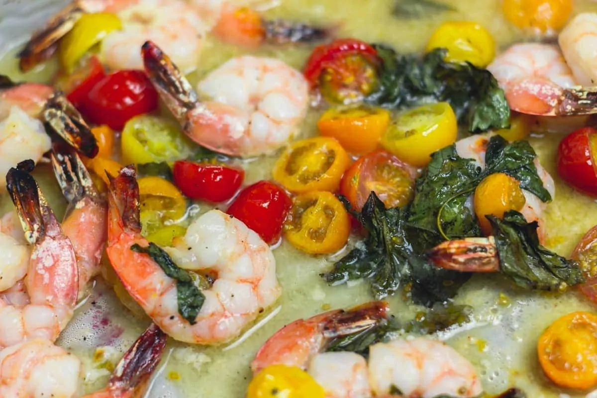 Close up of Sheet Pan Shrimp Bruschetta