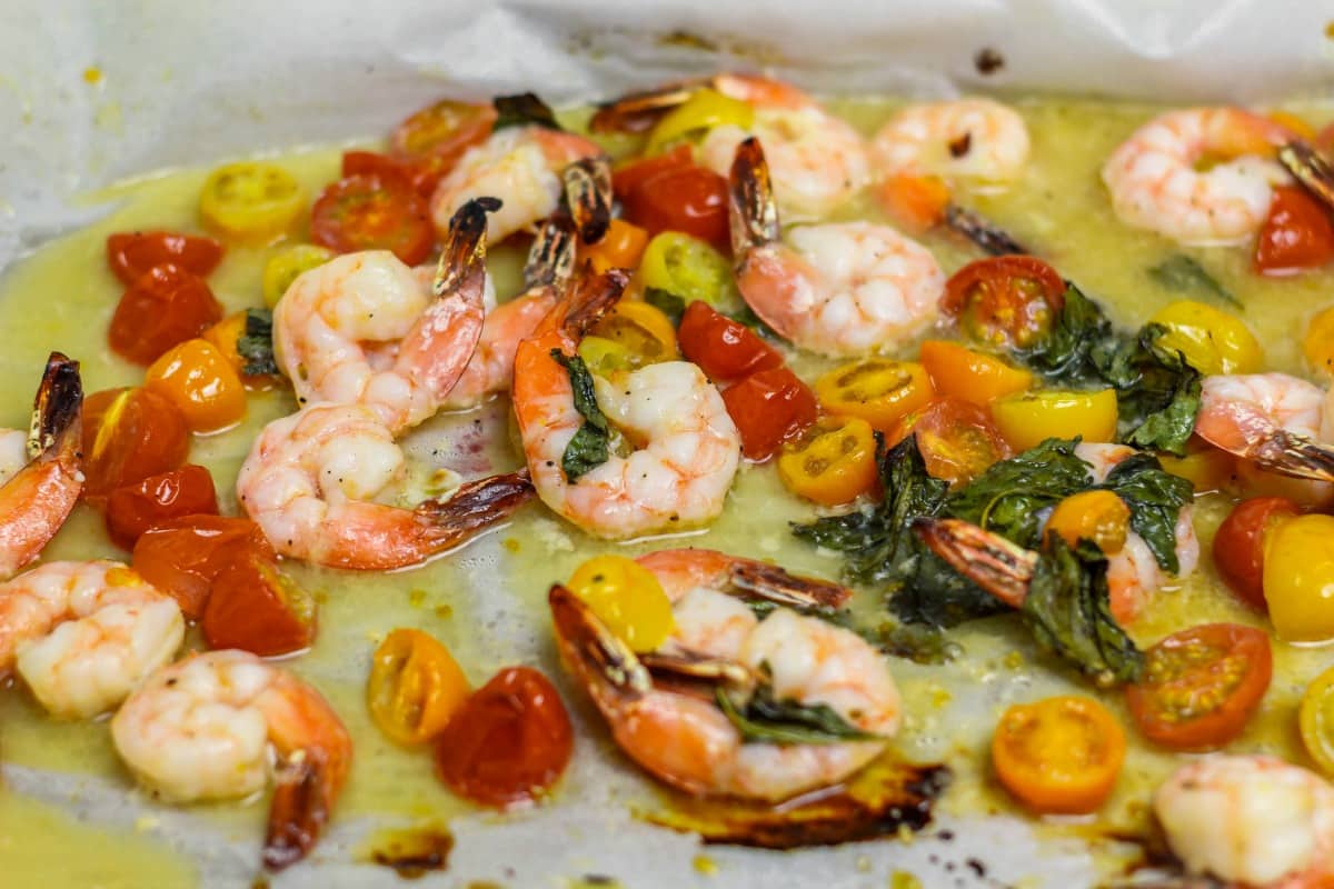 Sheet Pan Shrimp Bruschetta on parchment full view of dish