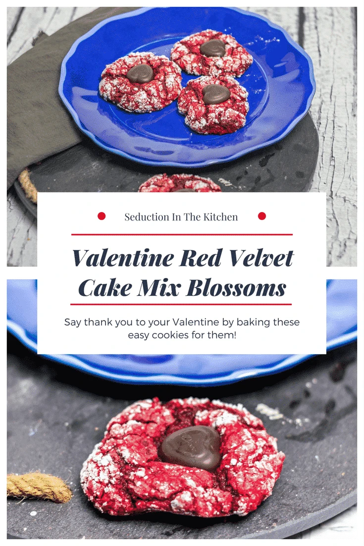 Valentine Red Velvet Cake Mix Blossoms are easy to make and is 5 ingredients! It combines the crinkle cookie with a blossom cookie for a yummy Valentine's Day Treat! Valentine Red Velvet Cake Mix Blossoms long pin