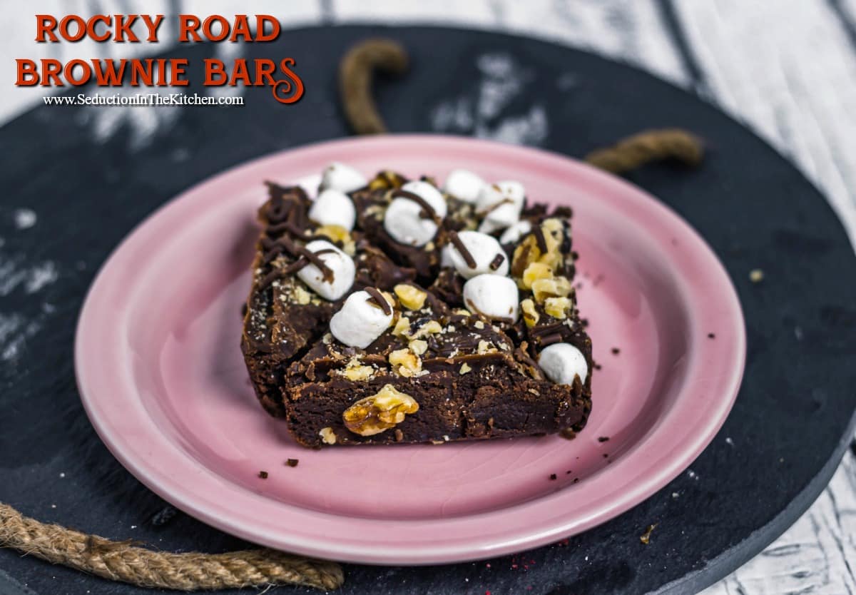 Rocky Road Brownie Bars close up title photo