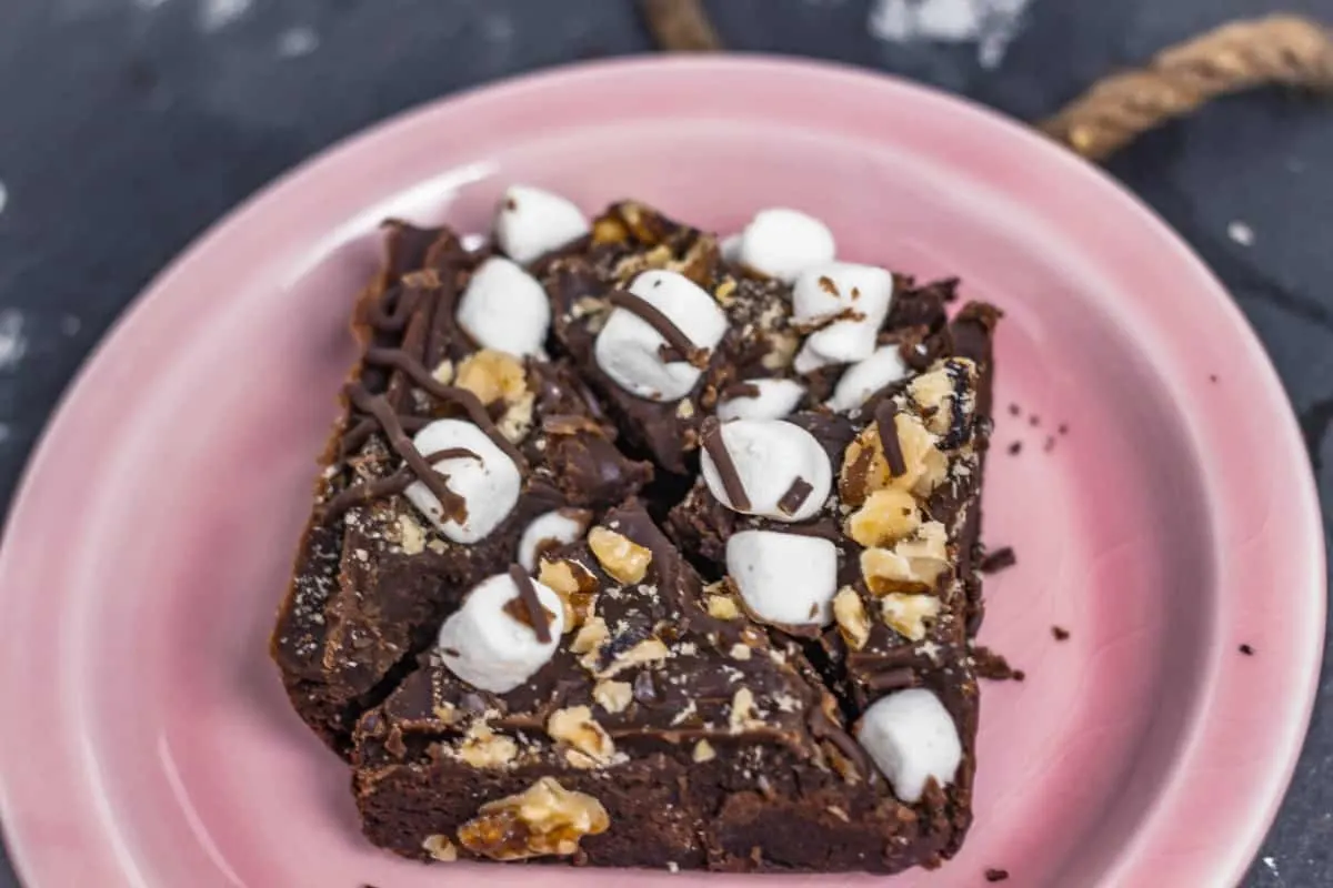 Rocky Road Brownie Bars overhead close up view on plate