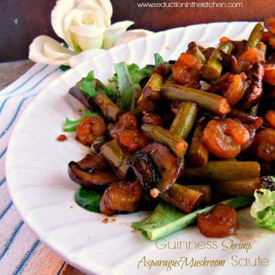 Guinness Shrimp, Mushrooms, Onions, Asparagus close up