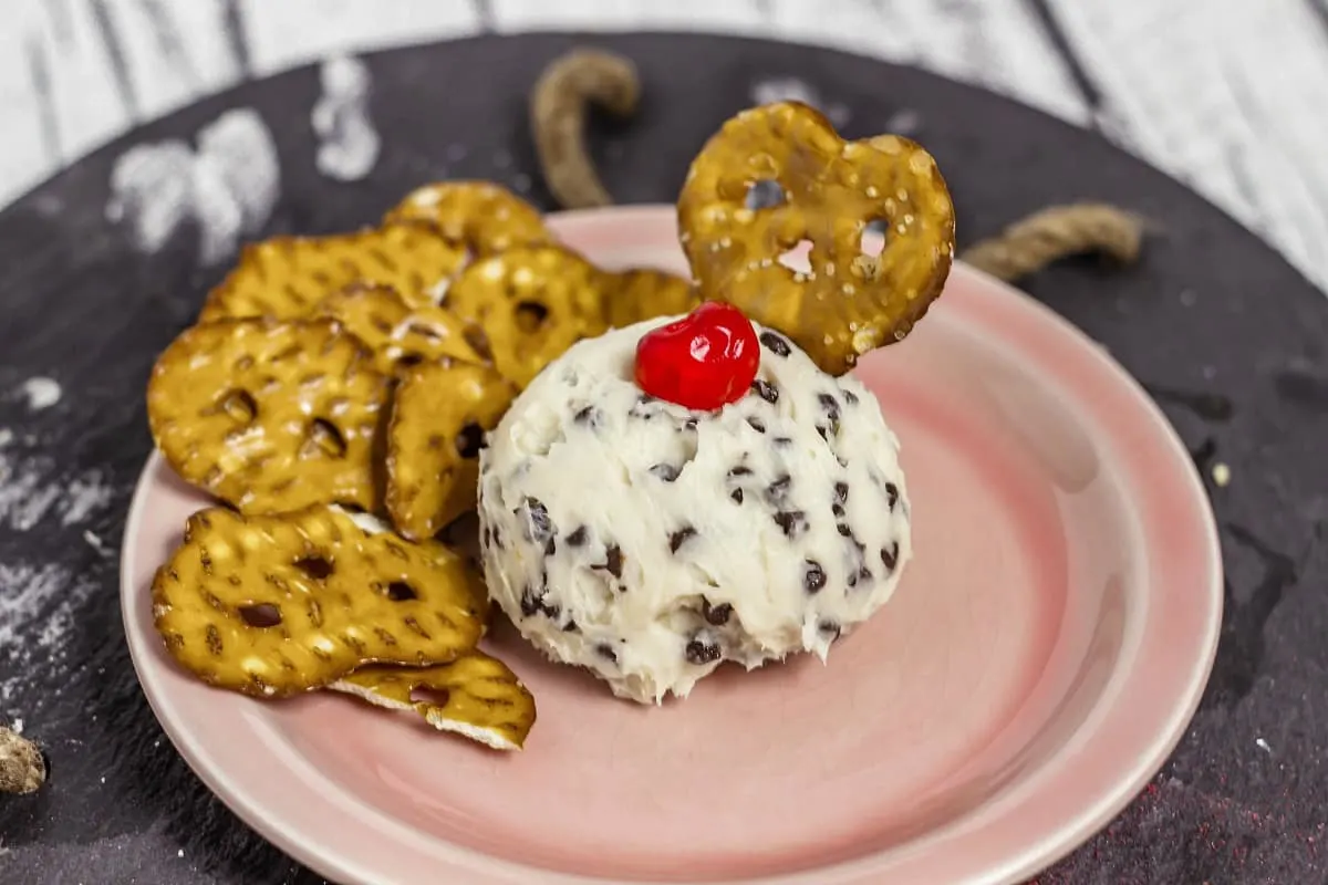 Chocolate Chip Cheese Ball on plate close up