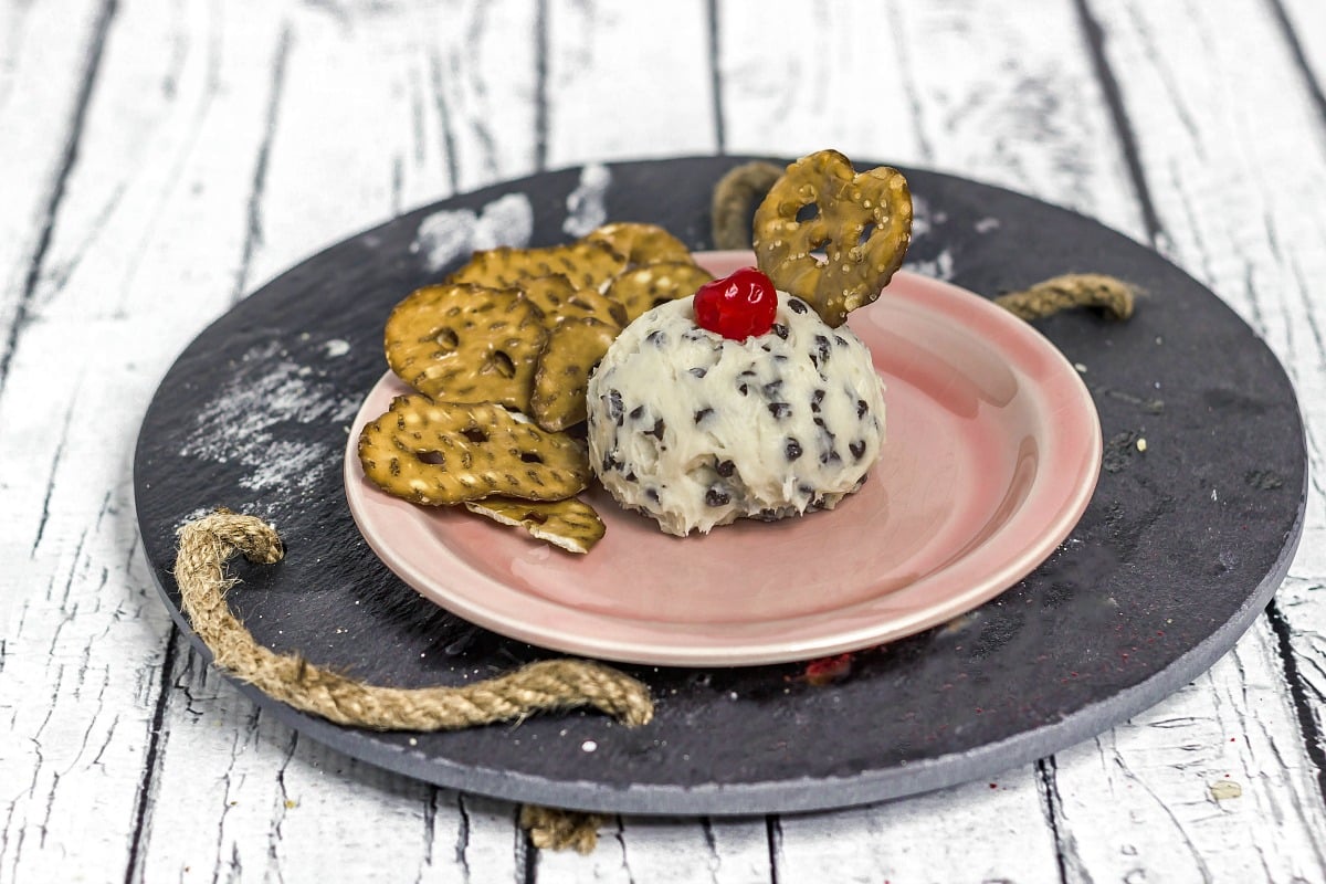 Chocolate Chip Cheese Ball wide shot on plate