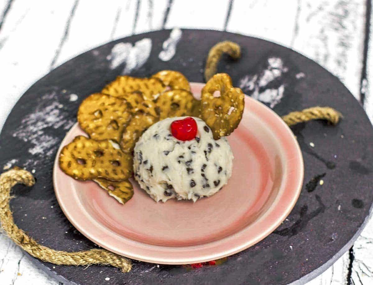 Chocolate Chip Cheese Ball on plate overhead shot