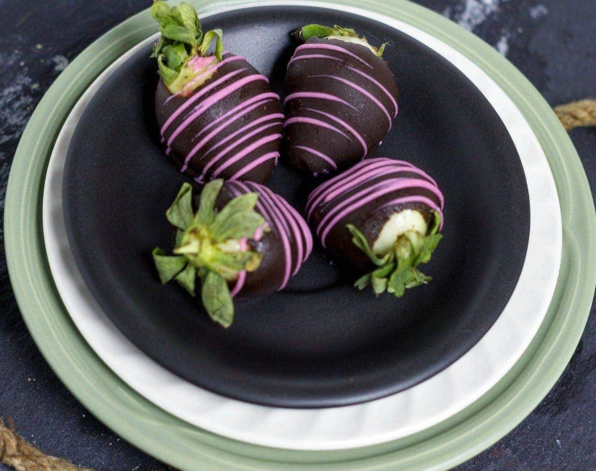 Fancy Chocolate Covered Strawberries overhead view of 4 on the plate