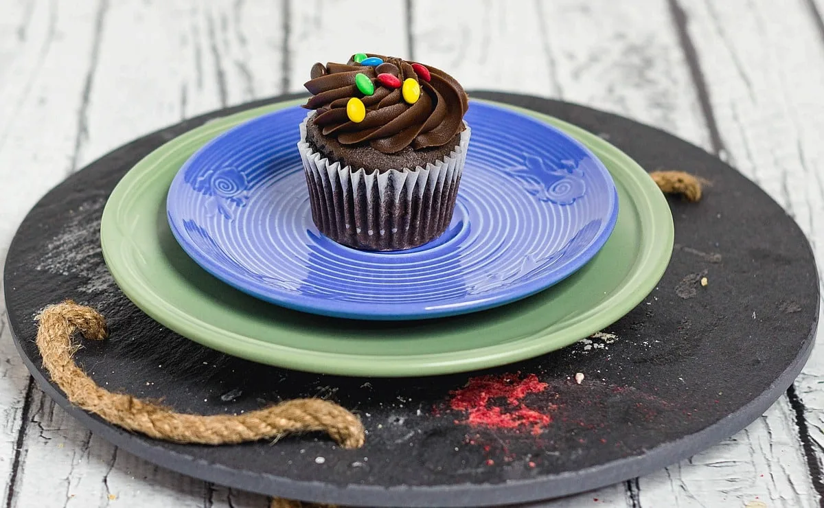 M&M Cupcakes on table on a plate