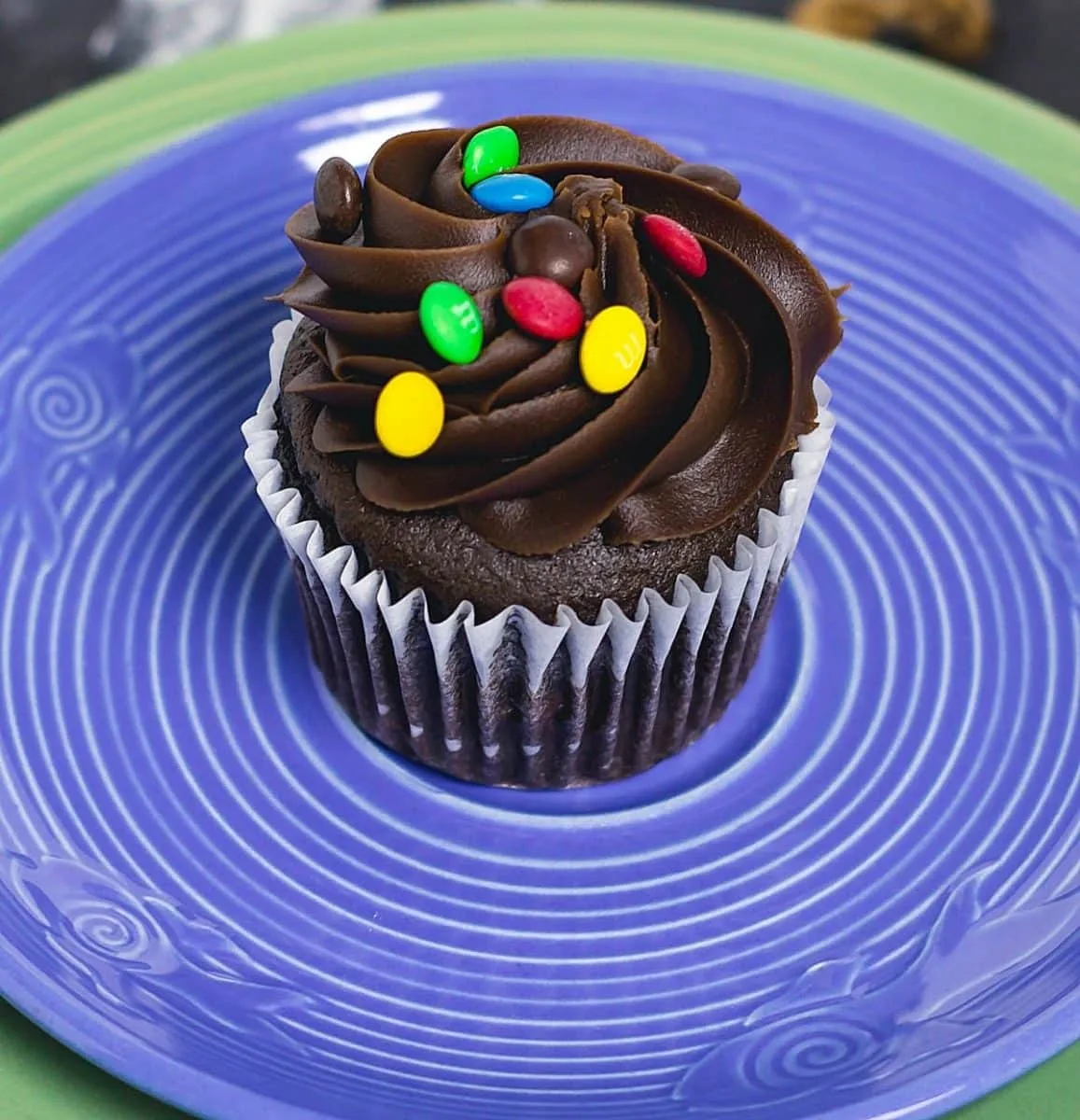 M&M Cupcakes close up of cupcake on plate