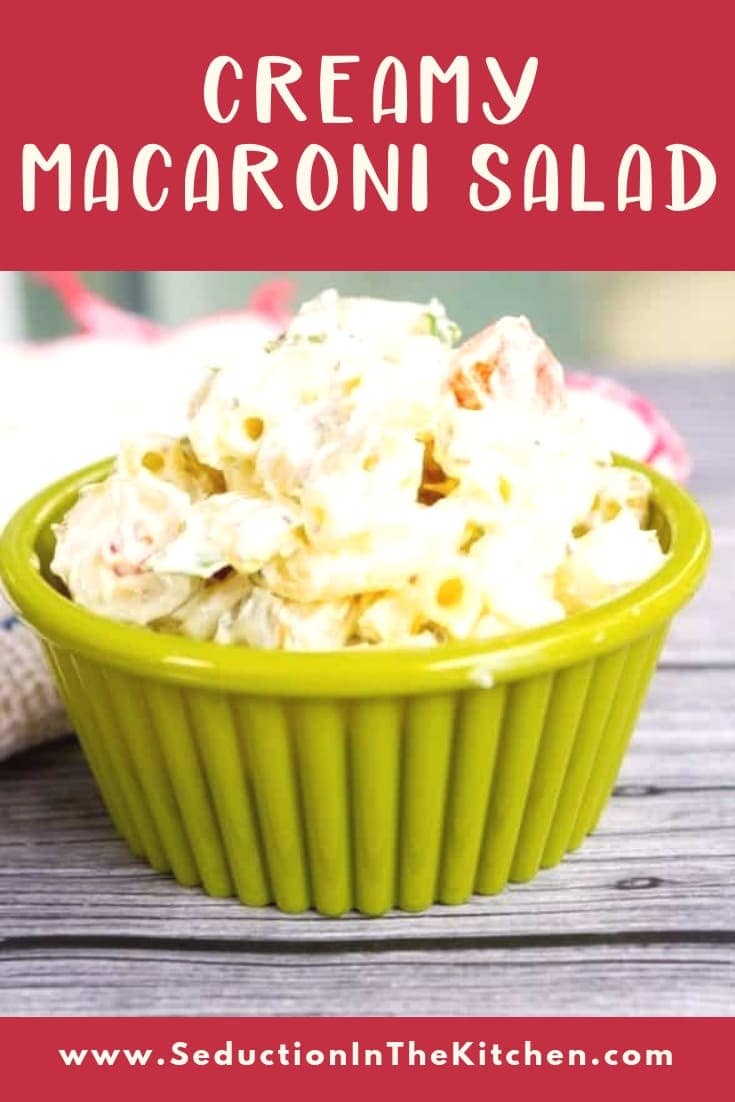 Creamy macaroni salad in green cup title