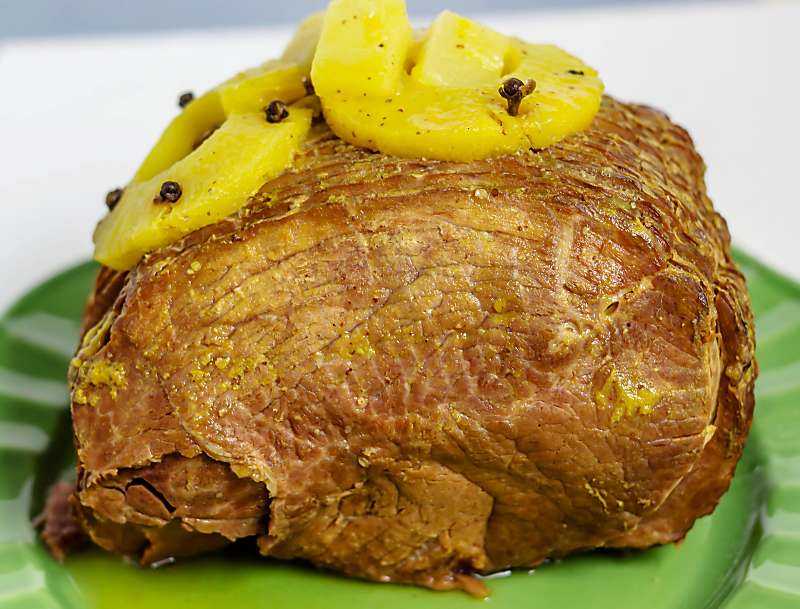 Instant Pot Pineapple Mango Ham close up on green plate