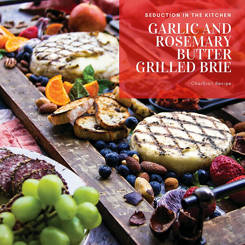 Garlic and rosemary butter grilled brie on a buffet table outside title