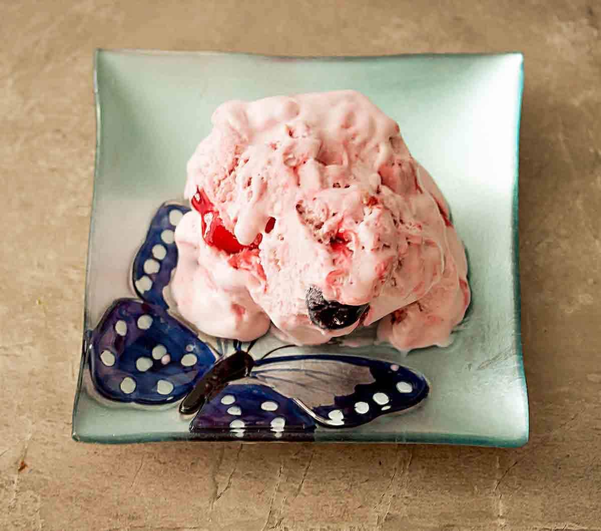 No Churn Bing Cherry Gelato on butterfly plate