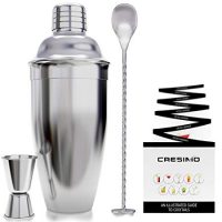 24 Ounce Cocktail Shaker Bar Set Accessories - Martini Kit with Measuring Jigger and Mixing Spoon plus Drink Recipes Booklet - Stainless Steel Tool Built-in Bartender Strainer