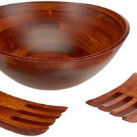 Lipper International 294-3 Cherry Finished Wavy Rim Serving Bowl with 2 Salad Hands, Large, 13" x 12.5" x 5", 3-Piece Set