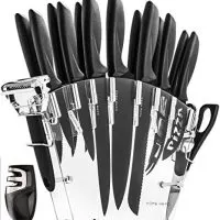 Stainless Steel Knife Set with Block - 13 Kitchen Knives Set Chef Knife Set with Knife Sharpener, 6 Steak Knives, Bonus Peeler Scissors Cheese Pizza Knife & Acrylic Stand - Best Cutlery Set Gift