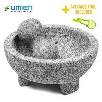 Granite Mortar and Pestle Set Molcajete - Natural Stone Grinder for Spices, Seasonings, Pastes, Pestos and Guacamole - Extra Bonus Avocado Tool Included