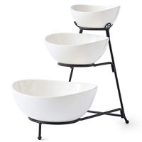 3 Tier Oval Bowls with Metal Rack,Food Server Display Stand, Three Serving porcelain Bowls set,Dessert Appetizer Snack Server