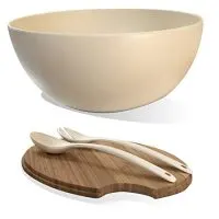 Clean Dezign Large Serving and Salad Bowl with Servers and Bamboo Lid (Large, Natural White)