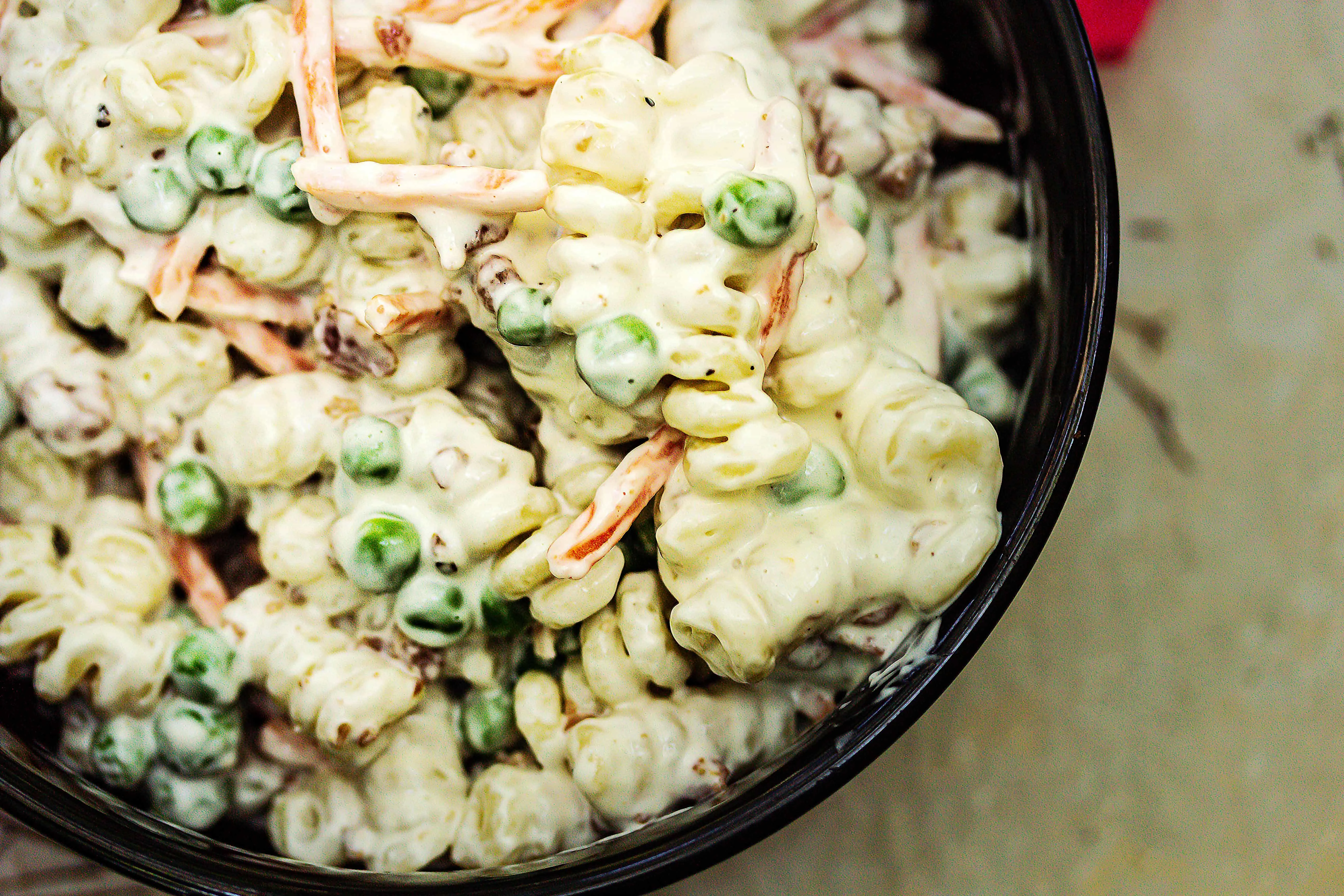 Bacon Ranch Pasta salad in black bowl