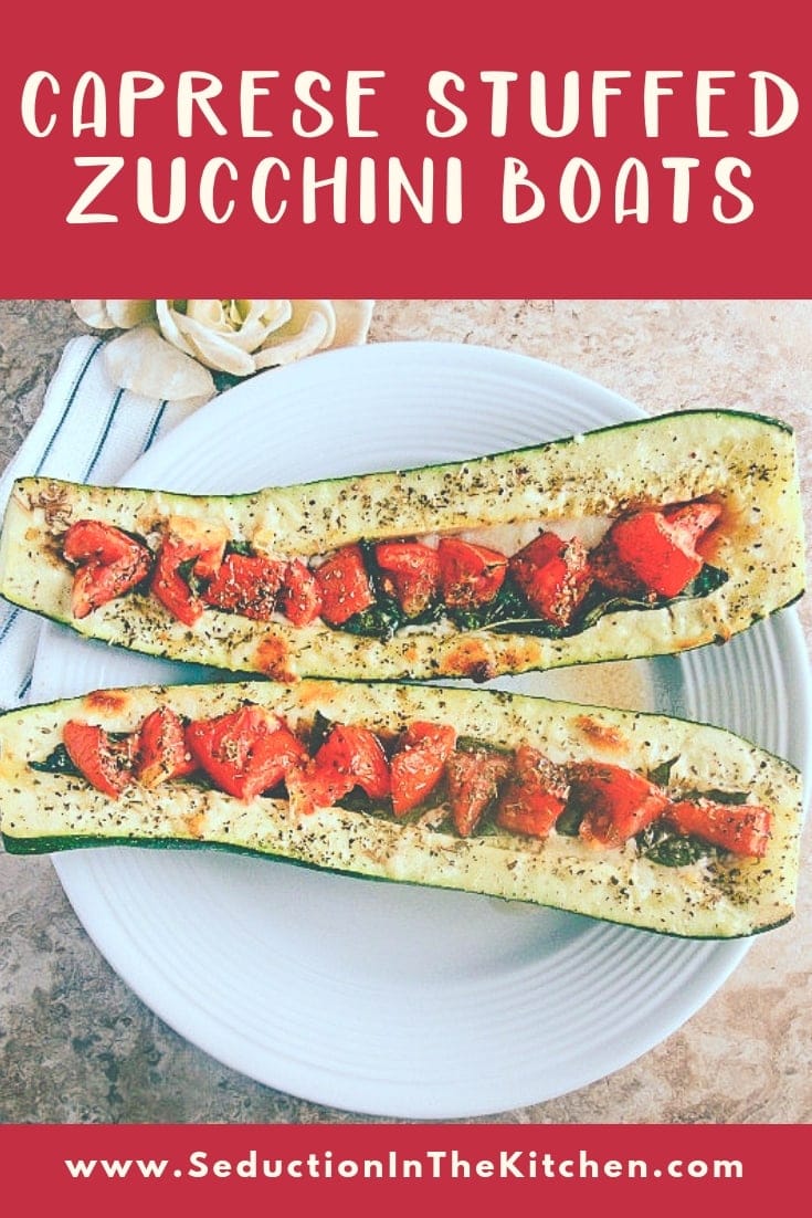 Caprese Stuffed Zucchini Boats on white plate title