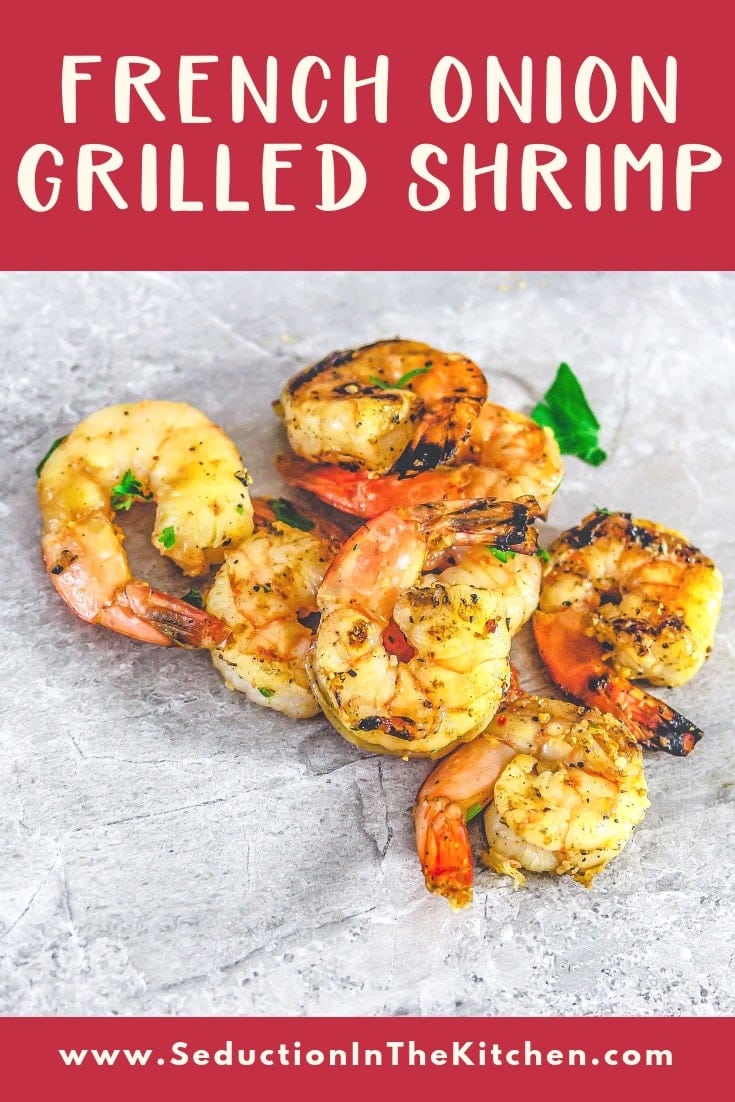 French Onion grilled shrimp on grey marble title