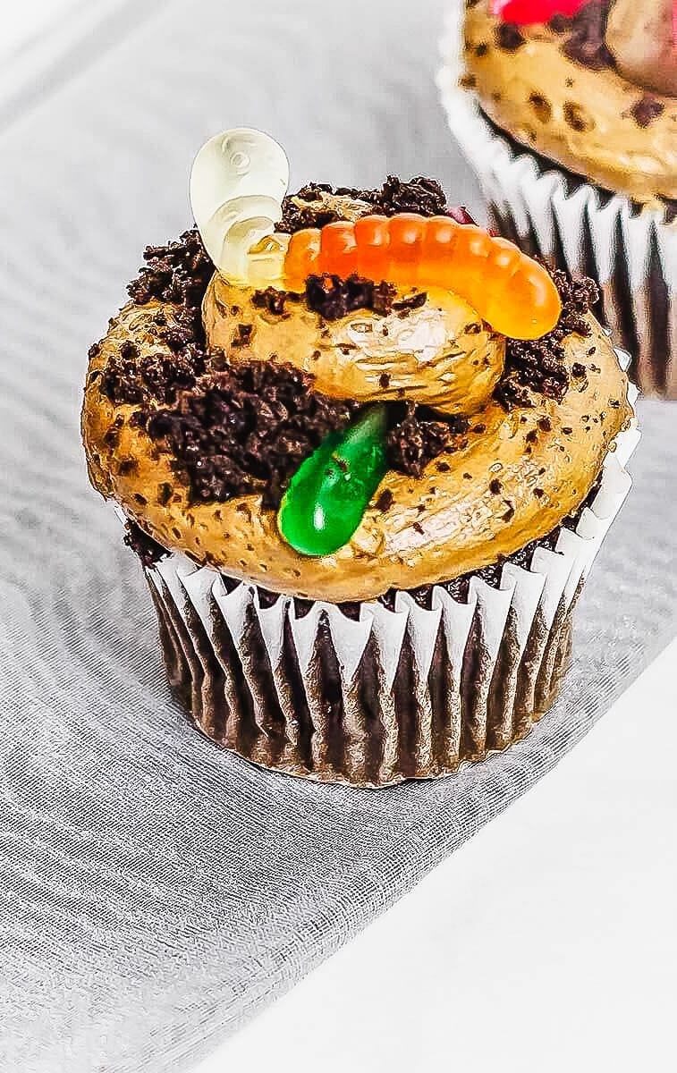 Dirt cupcake on grey cloth