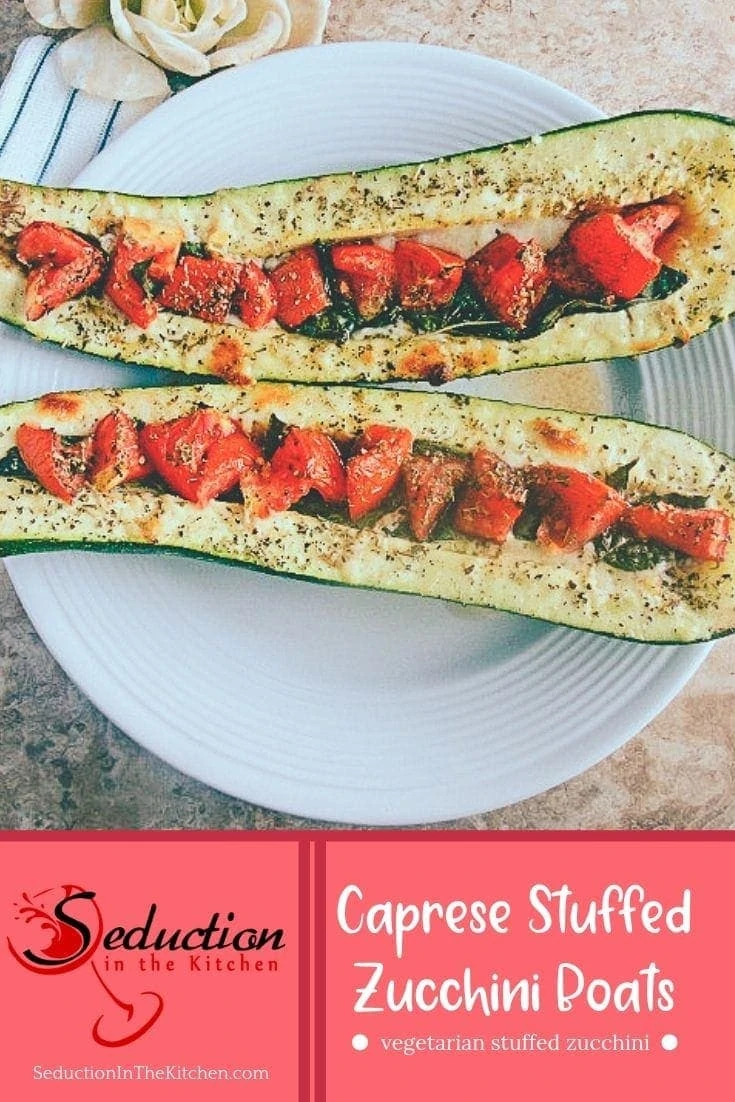 stuffed zucchini recipe on white plate pin