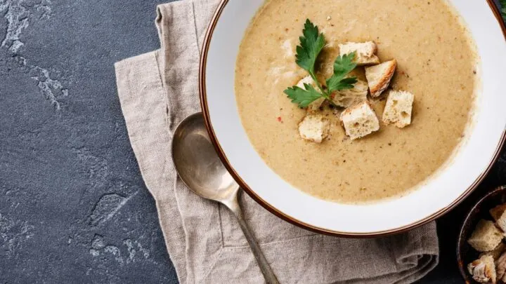 mushroom bisque in white bowl, on dark slate