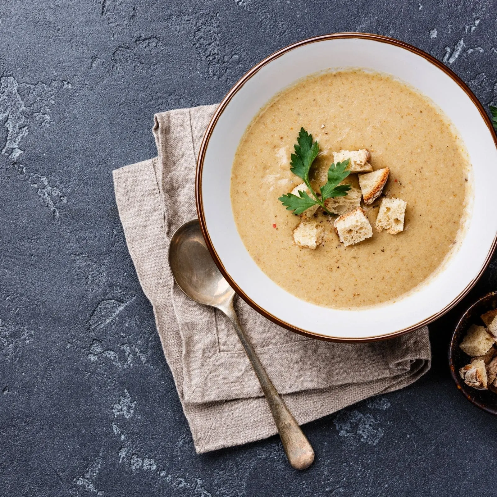 mushroom bisque in white bowl, on dark slate