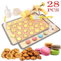 Cookie Press Gun,2019 Newest Cookie Press with 2 Macaroon Baking Mat Sheets,16 Decorative Stencil Discs and 6 Icing Tips,2 Cleaning Brush,100ml Measuring Cup for Cookies and Biscuit and Churro Maker