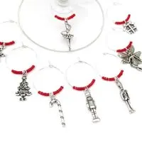 Nutcracker Ballet Wine Charms, Christmas Gift, Nut cracker Ballet Gift. Toy Soldier, Sugar Plum Fair, Ballerina. Set of 8. RED BEADS.