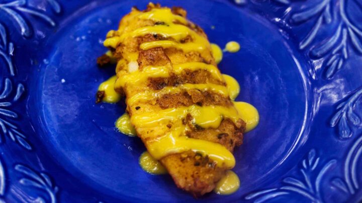 pretzel battered tilapia with honey mustard scaled