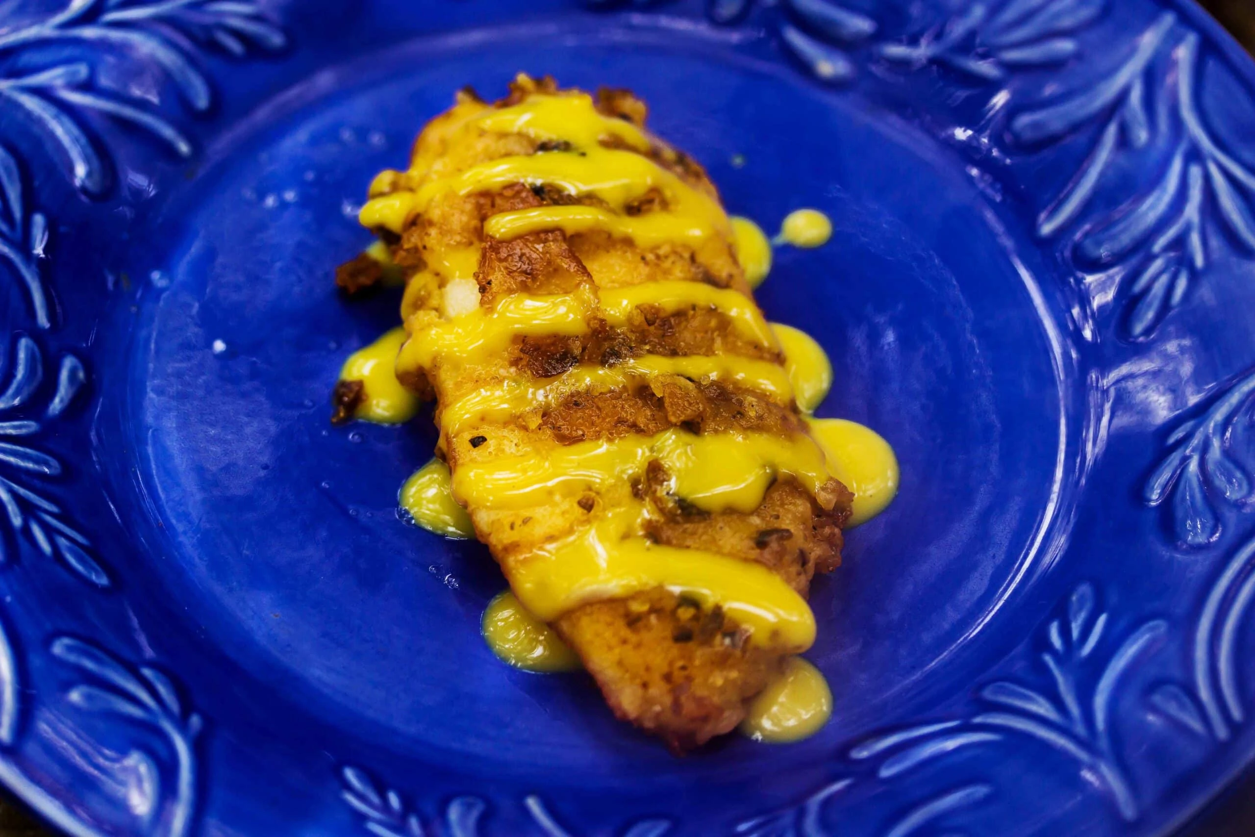 pretzel battered tilapia with honey mustard scaled