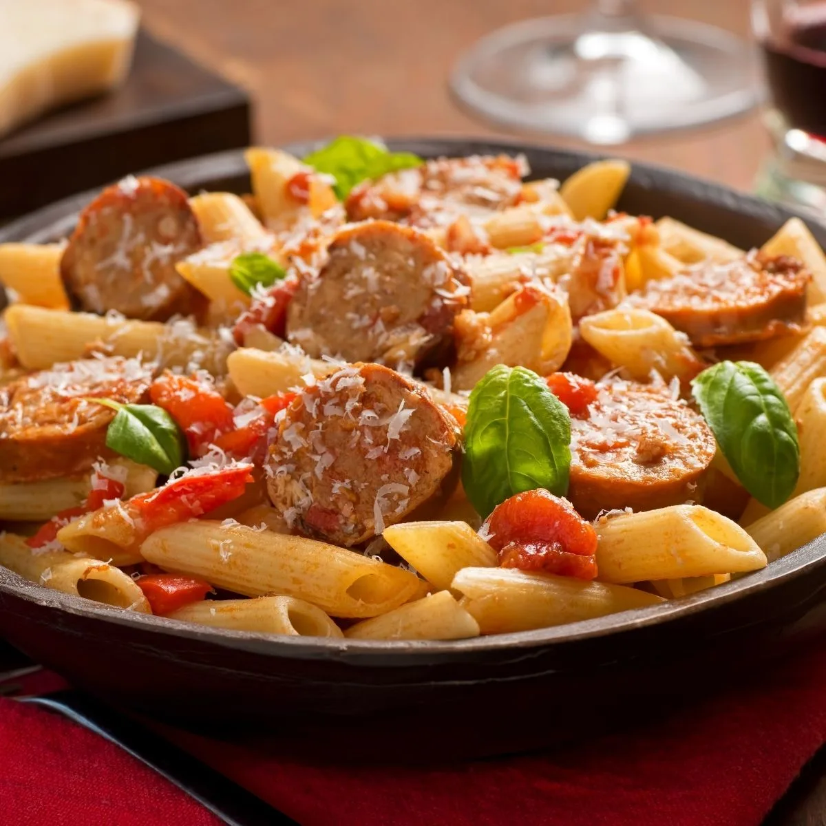 Italian Sausage and Peppers Pasta in cast iron skillet on a table